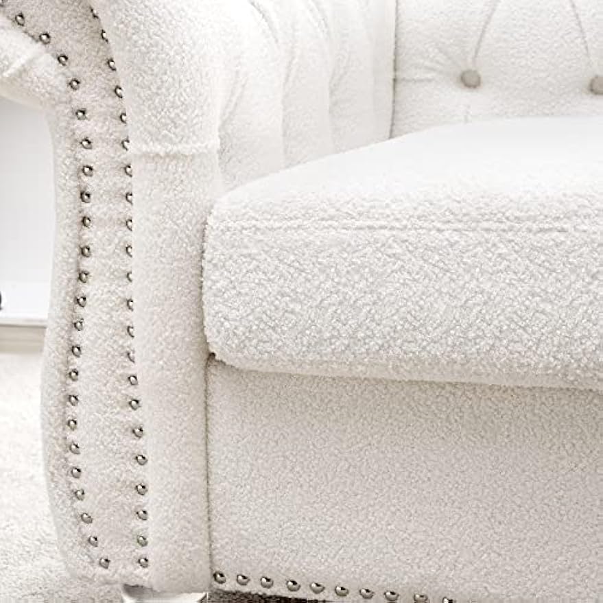 White Chesterfield Chair Single Tufted Sofa Throne Chair Farbic Club Chair Vintage Living Room Furniture Accent Rolled Arm Chairs for Bedroom Apartment, White farbic