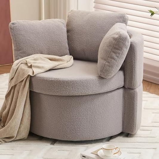 Teddy Fabric Swivel Chair with Storage, 360° Swivel, Back Cushion, Modern Living Room Chair, Light Gray, 31.5W x 33.9D x 26H in