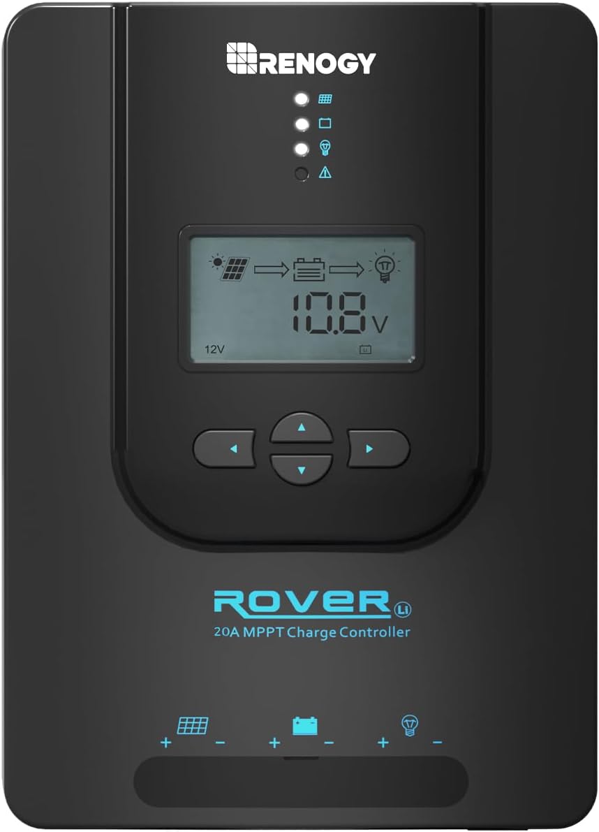 Rover 12V/24V 20A Charge Controller with MPPT- DC Input Solar Controller for RV/Marine, Auto Parameter Adjustable LCD Display Solar Panel Regulator fit for Gel Sealed Flooded and Lithium Battery