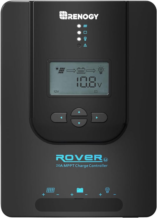 Rover 12V/24V 20A Charge Controller with MPPT- DC Input Solar Controller for RV/Marine, Auto Parameter Adjustable LCD Display Solar Panel Regulator fit for Gel Sealed Flooded and Lithium Battery