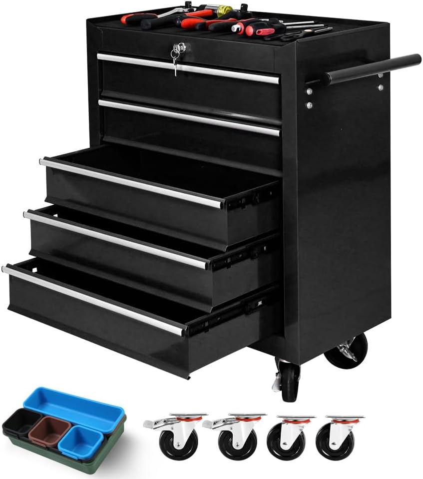 7 Drawer Tool Chest with Wheels,Metal Locking Rolling Tool Box with Tool Organizer Trays for Tool Storage Organizer,Portable Standing Mechanic Toolbox for Garage,30 in Tall Tool Cabinet Blue