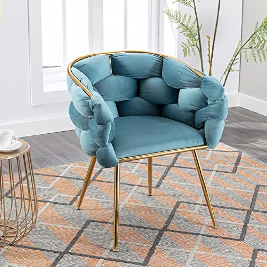 Accent Gold Legs Leisure Single Sofa, Knitting Process, Lazy Person Household Dresser Stool, Stylish Cosmetic Chair for Living Room, Bedroom, Office Oval 1 22.44 Blue Velvet 1