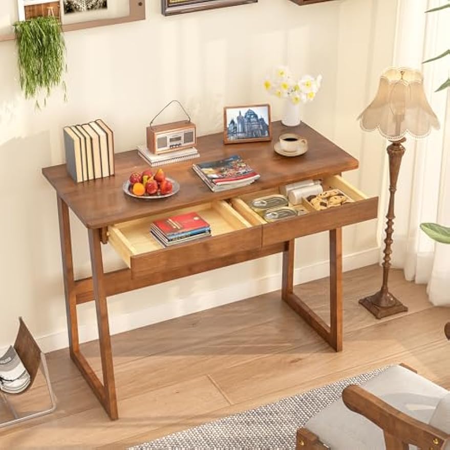 100% Solid Wood Writing Desk - Mid Century Modern Desk, Home Office Desks with Drawers, Walnut Vintage Desks, Laptop Computer Work Study Table for Bedroom, Living Room & Office