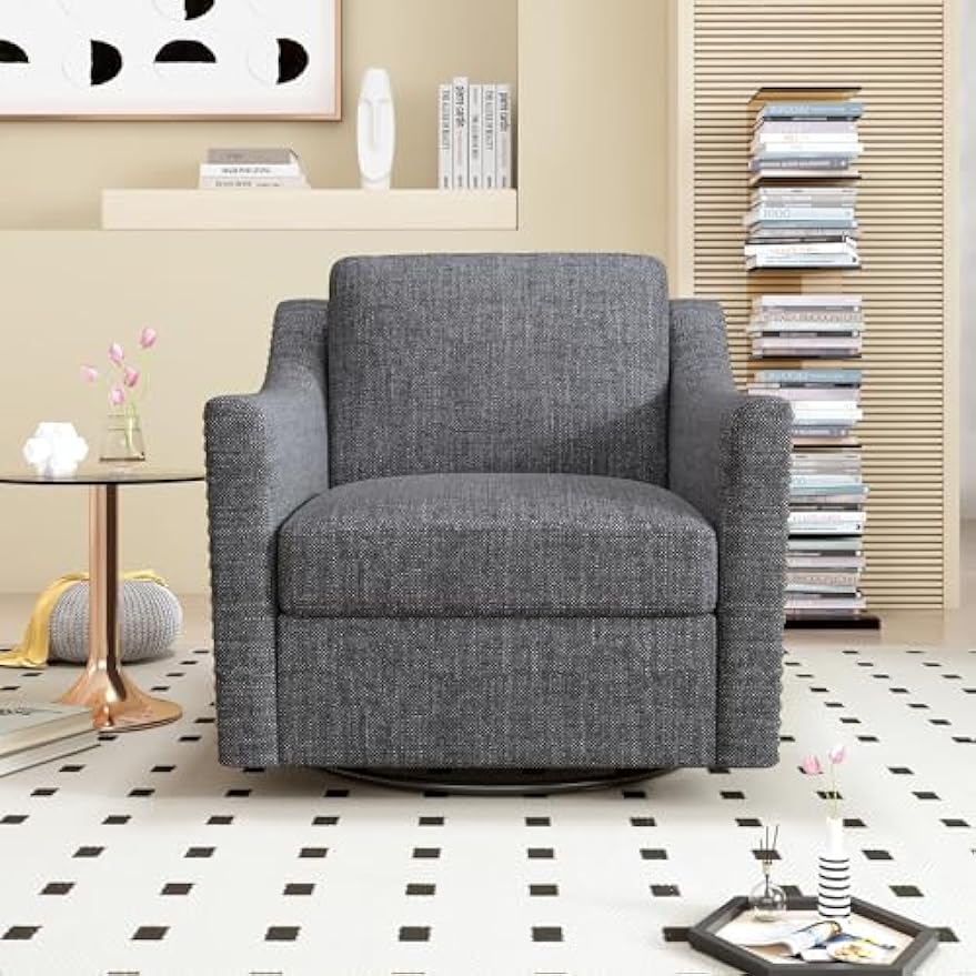 360 Degree Swivel Armchair Cotton Linen Skin-Friendly Fabric Ergonomic Design Brass Nail Decorative Armchair Living Room Chairs Bedroom Chairs Living Room Chairs Black Legs Suitable for Indoor Homes