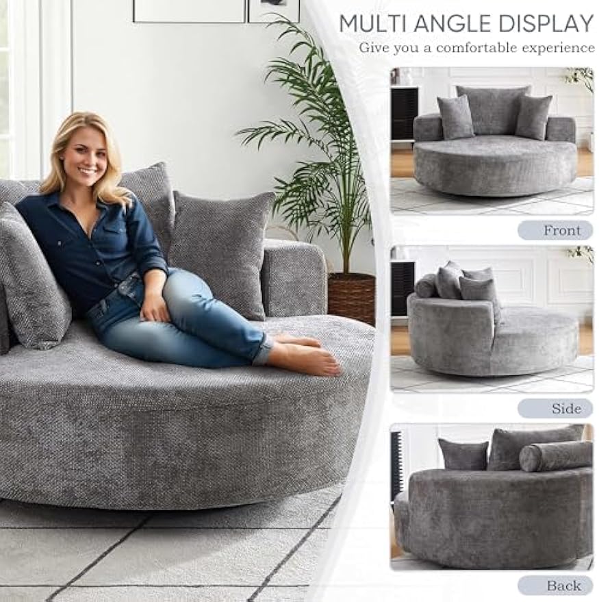 SLEERWAY 55" W Oversized Swivel Accent Chair, Large Barrel Chairs Upholstered Round Swivel Chair, Chenille Single Sofa Armchair, Modern Sleeper Chair for Living Room, Lounge and Projection Room, Grey