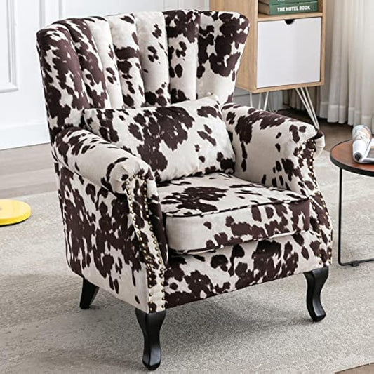 Accent Reading Arm Chairs Midcentury Modern Comfy Corner Sofa Chair, Wingback Waiting Room Club Chair with Tufted Back for Living Room/Bedroom/Reception Room, Fabric Cow