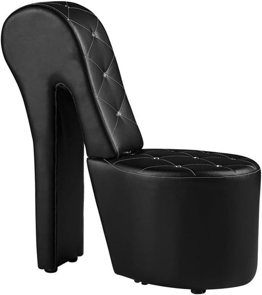 Tristam 40" Modern Glam High Heel Lounge Chair, Armless Chair with Upholstered Crystal-Like Buttons and Diamond Stitching, Comfortable Indoor Seating for Bedroom, Living Room (Faux Leather, Black)