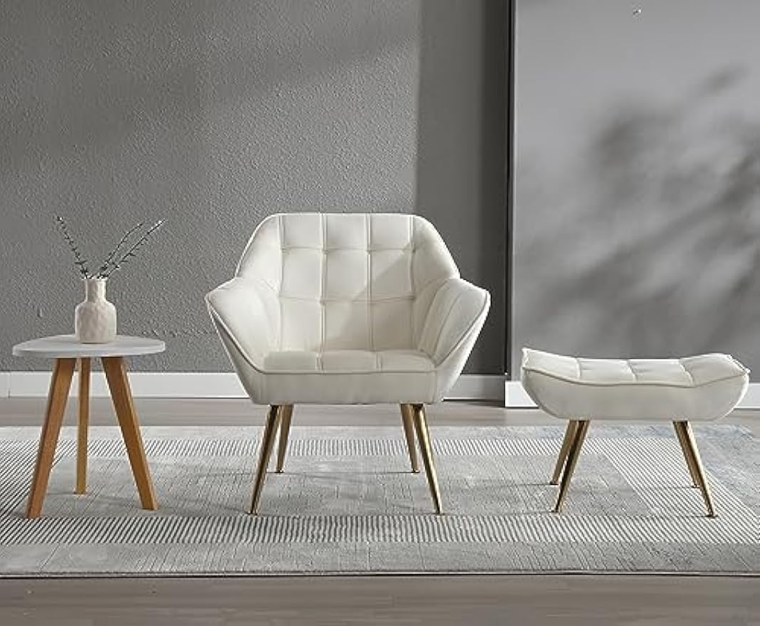 Velvet Accent Reading Chair with Ottoman, Modern Upholstered Chair with Ottoman Armchair with Gold Metal Legs Comfy Lounge Chair for Small Spaces Living Room Bedroom Book Nook, Off White