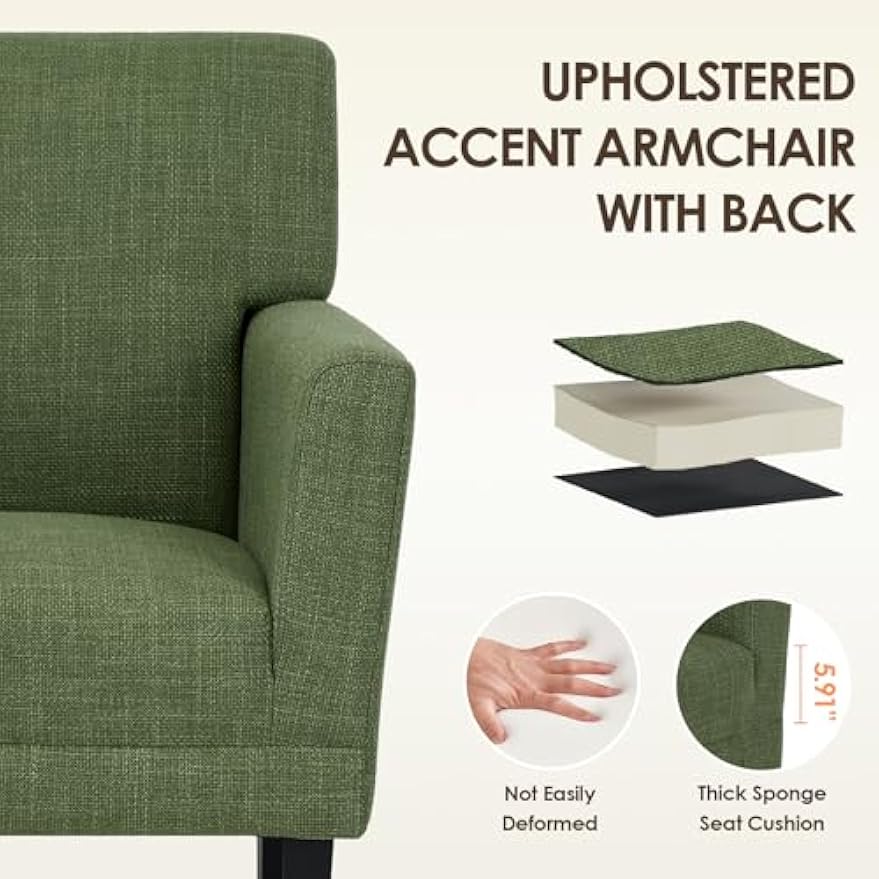 Upholstered Accent Chair Set of 2 for Living Room, Modern Fabric Accent Armchair with Back, Soft Single Sofa Chair with Arms for Bedroom/Office/Reception Room, Green