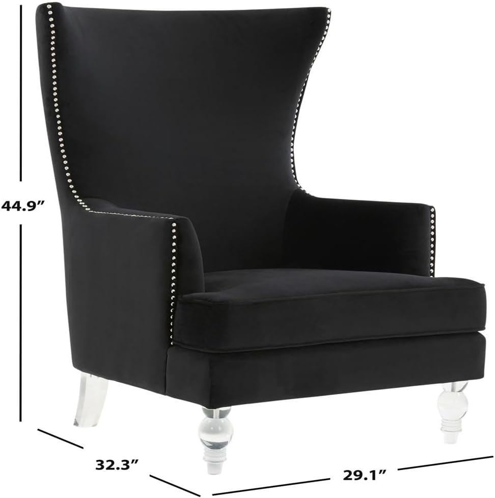 SAFAVIEH Couture Collection Geode Black Velvet Upholstered Wingback Chair with Clear Acrylic Legs & Studded Nailhead Trim for Living Room, Home Office, Study, Bedroom