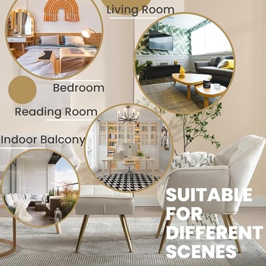 Velvet Accent Reading Chair with Ottoman, Modern Upholstered Chair with Ottoman Armchair with Gold Metal Legs Comfy Lounge Chair for Small Spaces Living Room Bedroom Book Nook, Off White