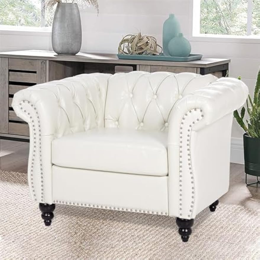 White Chesterfield Accent Chair Faux Leather Upholstered Tufted Wingback Club Chair, Mid-Century Modern Living Room Chair with Sturdy Wood Frame, Comfy Oversized Armchair for Bedroom Office