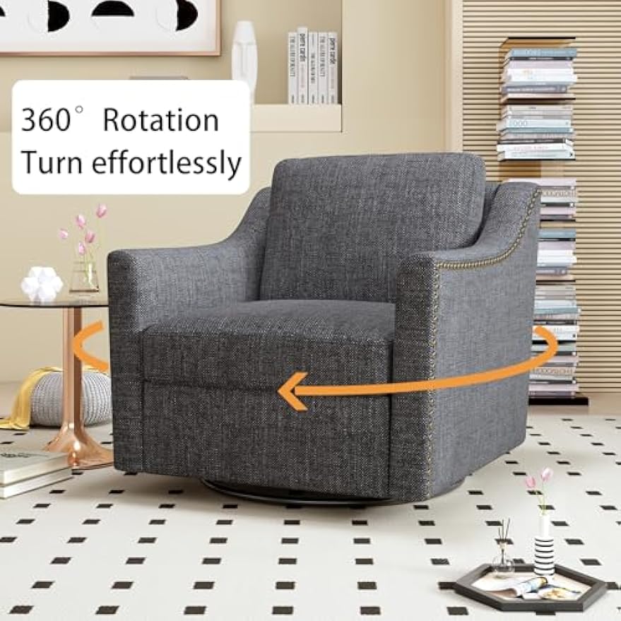 360 Degree Swivel Armchair Cotton Linen Skin-Friendly Fabric Ergonomic Design Brass Nail Decorative Armchair Living Room Chairs Bedroom Chairs Living Room Chairs Black Legs Suitable for Indoor Homes