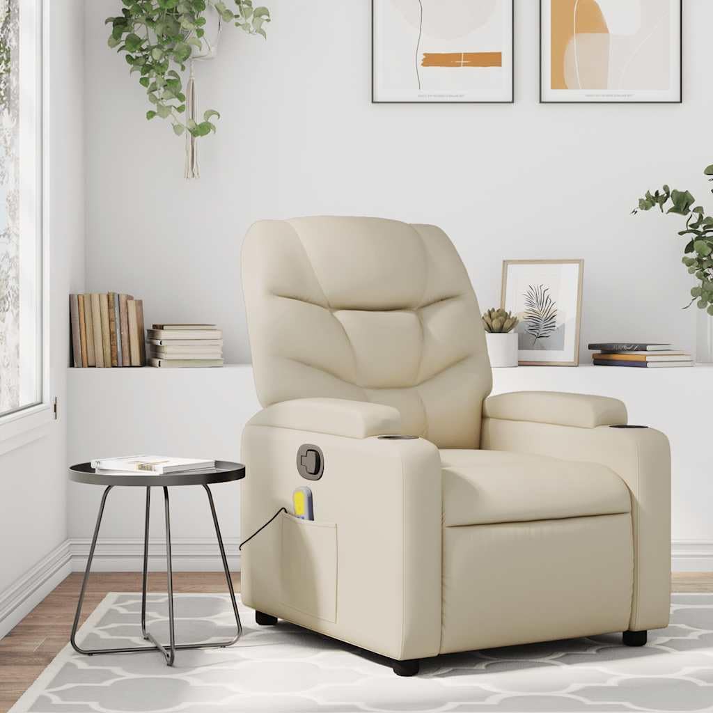 vidaXL Faux Leather Massage Recliner Chair in Cream - Manual Reclining Armchair with Cup Holders for Living Room Comfort