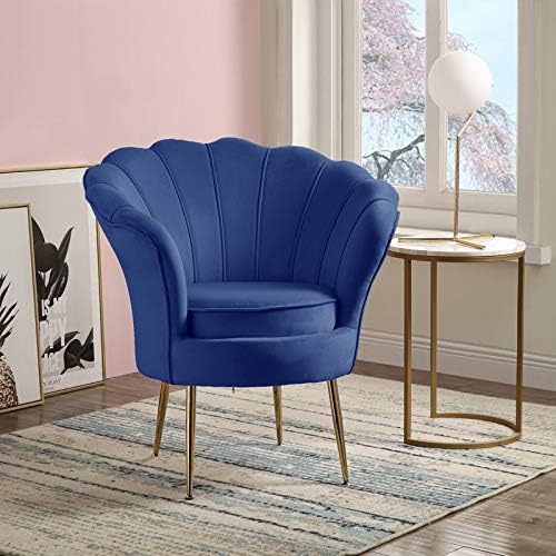 TRIPLE TREE Velvet Living Room Chair with Scalloped Back, Modern Upholstered Accent Chair Barrel Chair with Metal Legs, Cute Comfy Armchair Single Sofa Chair for Living Room, Bedroom and Office, Blue