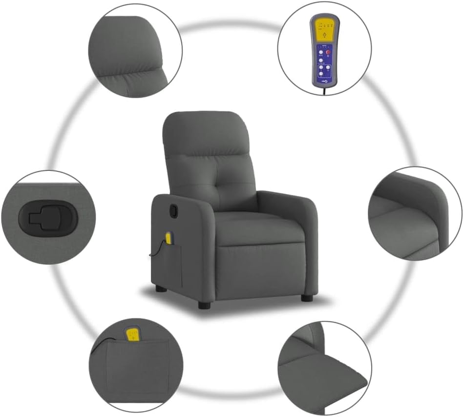 vidaXL Dark Gray Fabric Massage Recliner Chair - Manual Reclining Armchair for Elderly with Vibration Function, Side Pocket, and Comfy Cushioning for Living Room Comfort