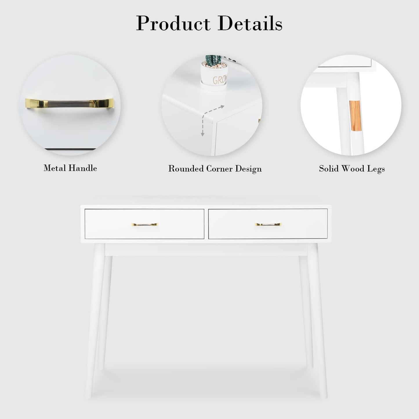 White Small Desk with Drawers - 40 Inch White Home Office Study Writing Desk for Bedroom, Vanity Desk with 4 Solid Legs, Modern Computer Desk for Small Spaces