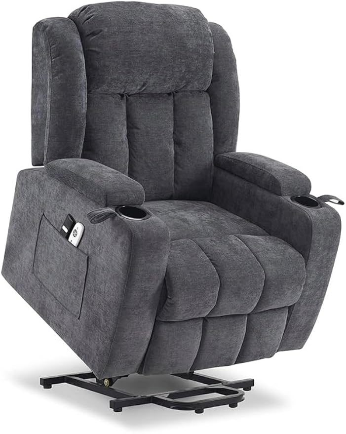 Grey Fabric Power Lift Recliner Chair for Elderly, Electric Lift Recliner Sofa with Massage and Heat, Side Pocket, USB Ports, Remote Control for Living Room