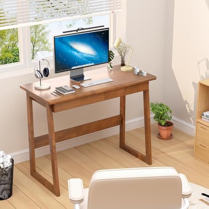 100% Solid Wood Writing Desk - Mid Century Modern Desk, Home Office Desks with Drawers, Walnut Vintage Desks, Laptop Computer Work Study Table for Bedroom, Living Room & Office