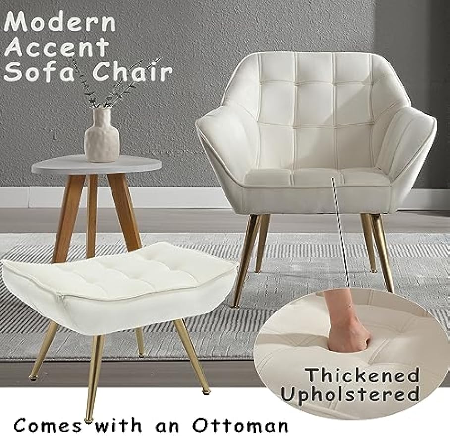 Velvet Accent Reading Chair with Ottoman, Modern Upholstered Chair with Ottoman Armchair with Gold Metal Legs Comfy Lounge Chair for Small Spaces Living Room Bedroom Book Nook, Off White