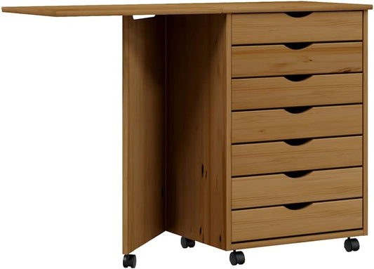 vidaXL Moss 7-Drawer Chest with Foldable Desk, Solid Pine Wood Mobile File Cabinet, Storage Cabinet on Wheels, Chest of Drawers for Home Office, Easy Assembly & Maintenance, Honey Brown