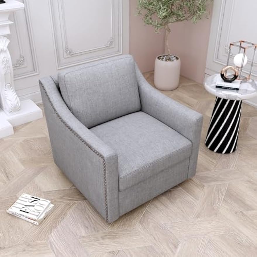 360 Degree Swivel Armchair Cotton Linen Skin-Friendly Fabric Ergonomic Design Brass Nail Decorative Armchair Living Room Chairs Bedroom Chairs Living Room Chairs Black Legs Suitable for Indoor Homes