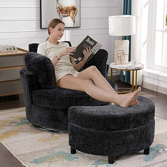 Swivel Chair, Swivel Barrel Accent Sofa Chair, Modern Chenille Club 360 Degree Swivel Chair, 42-inch Oversized Leisure Arm Chair for Nursery, Living Room, Hotel, Bedroom, Office, Lounge, Black