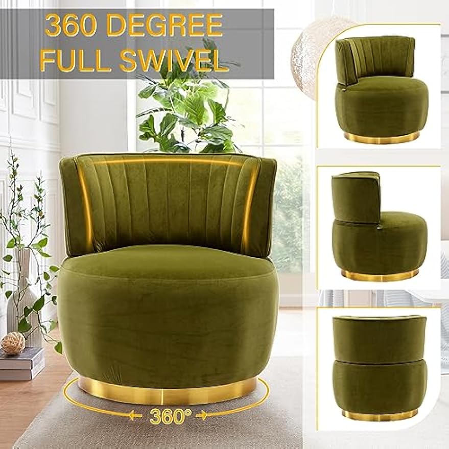 TTK Swivel Barrel Chairs for Living Room Set of 2, 360 Degree Comfy Modern Round Chair Velvet Gold Accent Upholstered Armchair Arm Chair Sherpa for Bedroom Club Office Nursery Silla para Sala(Olive)