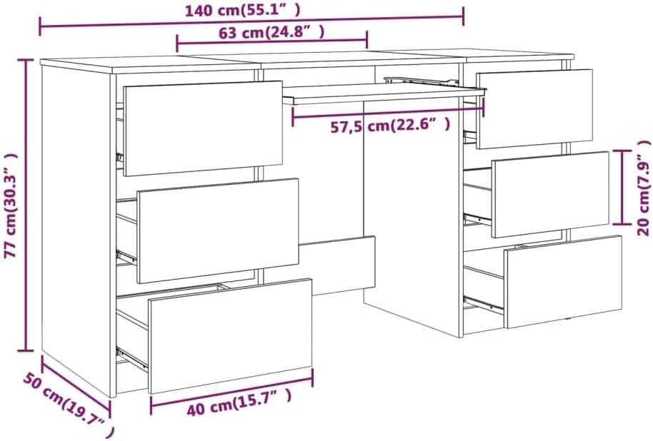 vidaXL Desk, Home Office Furniture Computer Desk, Standing Desk with Storage Drawers, Writing Desk, Modern Style, Smoked Oak Engineered Wood