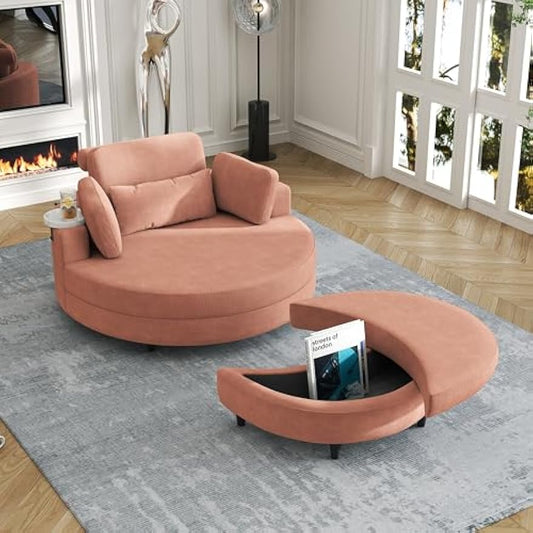 51" Oversized Round Accent Barrel Chair Leisure Chaise Lounge w/Removable Headrest and Cup Tray, Corduroy Upholstered Reading Armchair with Half Moon Storage Ottoman for Living Room Hotel Lobby