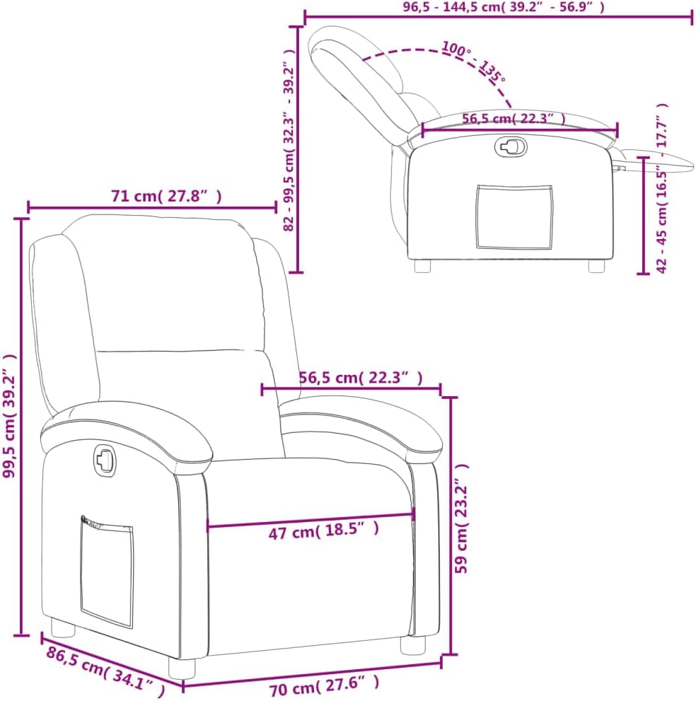 vidaXL Recliner Chair - Black Real Leather, Manual Reclining Function, Comfortable Seating with Solid Wood and Metal Frame, for Office or Living Room
