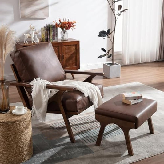ZHENGHAO Accent Chair with Ottoman, Mid Century Modern Lounge Chair with footrest, Comfy Pu Leather Armchair for Reading/Living Room/Bedroom, Brown, Brown+ottoman