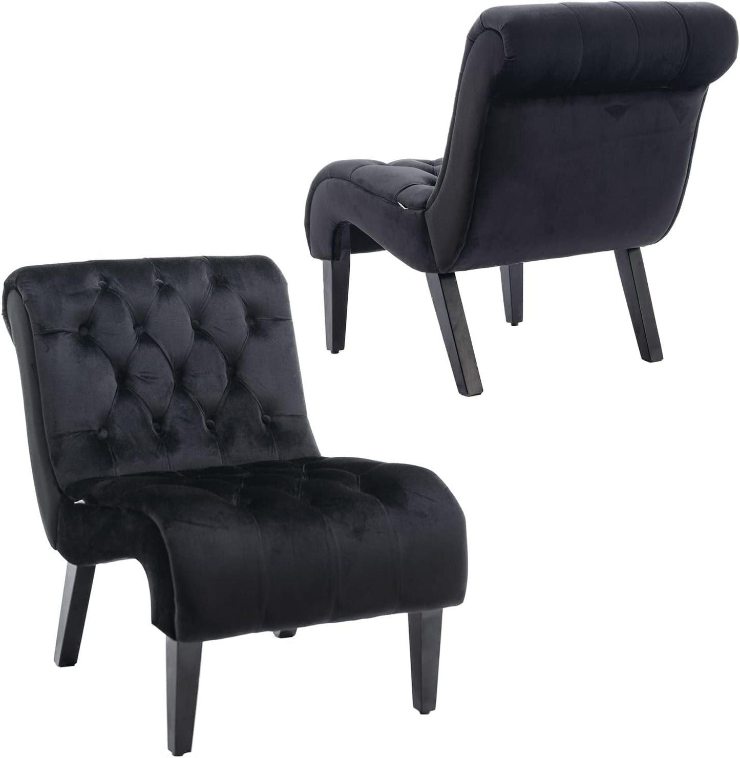 Comfy Velvet Accent Chair Set of 2, Upholstered Armless Side Chair for Living Room, Modern Small Lounger with Tufted Back and Rolled Edge Design, Comfy Chaise Lounge with Rubber Wood Legs, Beige