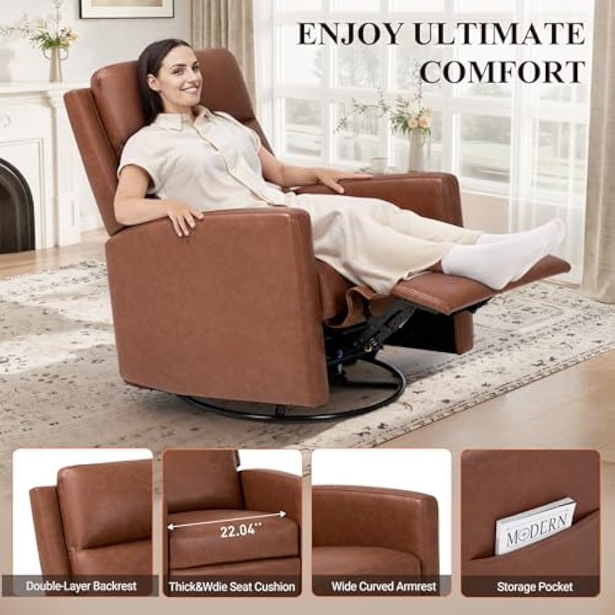 COLAMY Swivel Rocking Recliner,Wide PU Leather Glider Sofa Chair with Ergonomic High Backrest for Living Room, Office, Bedroom（Cocoa）