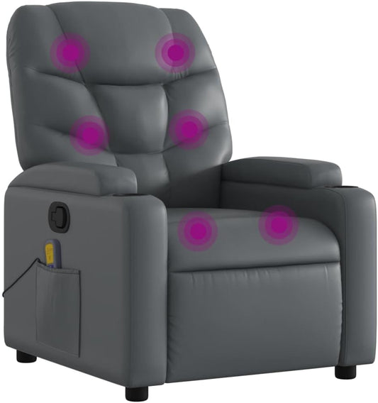 vidaXL Massage Recliner Chair - Gray Faux Leather, Manual Reclining, 6-Point Vibration, Cup Holders, Living Room Seating