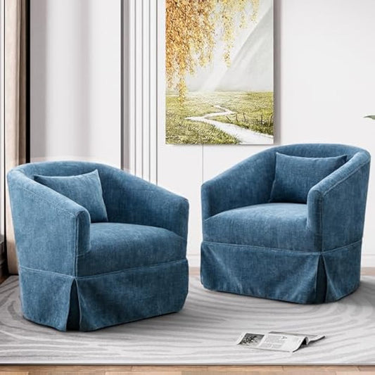 Swivel Accent Chair Set of 2, Comfy Modern Swivel Barrel Chair with Skirt, 360°Upholstered Chenille Small Single Sofa Club Armchair for Living Room Bedroom Nursery Lounge, Blue