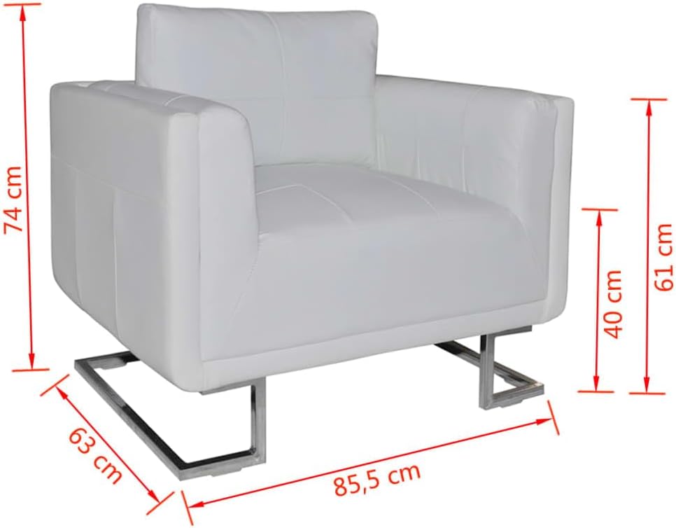 vidaXL Cube Armchair with Chrome Feet in White Faux Leather for Modern Living Rooms and Bedrooms Comfortable Stylish Seating Reading Relaxation French Armchairs Room Chairs Chair Bedroom