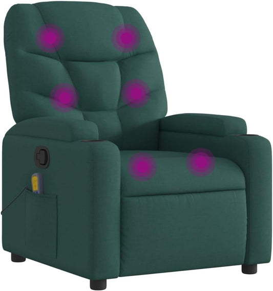 vidaXL Dark Green Manual Massage Recliner Chair - Fabric Upholstered Vibrating Lounge Armchair with Cup Holders for Living Room