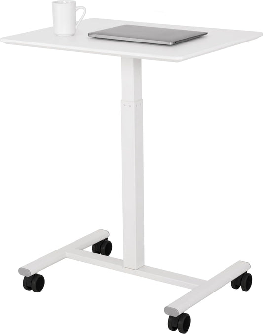 Seville Classics Airlift Height Adjustable Pneumatic Laptop Sit Stand Desk Mobile Rolling Cart, Computer Workstation for Home Office, Classroom, White, 25.6" Desktop
