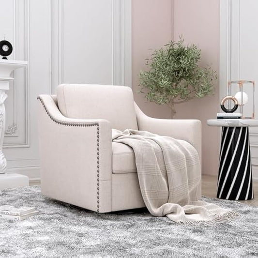 360 Degree Swivel Armchair Cotton Linen Skin-Friendly Fabric Ergonomic Design Brass Nail Decorative Armchair Living Room Chairs Bedroom Chairs Living Room Chairs Black Legs Suitable for Indoor Homes