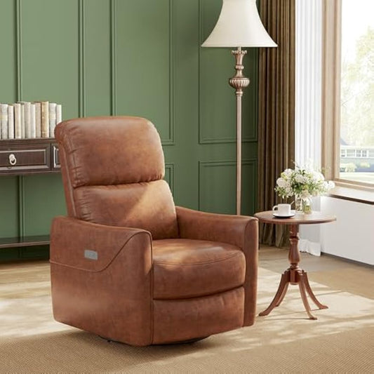 Swivel Rocking Recliner Chair, Power Recliner Glider with Double Handrail & Faux Leather Upholstery, Comfortable Rocker Recliner for Living Room, Bedroom, Nursery (Power, Camel)