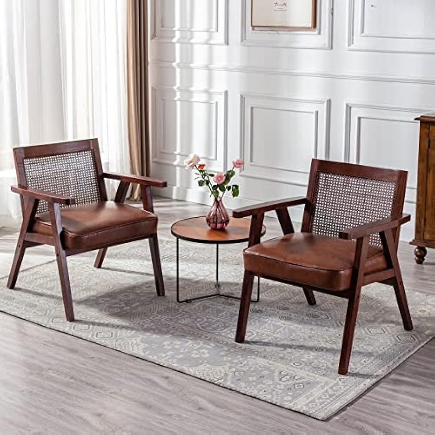 ZHENGHAO Brown Leather Accent Chairs Set of 2, Mid Century Modern Rattan Chairs with Armrest, Upholstered Comfy Leisure Chair for Living Room/Bedroom/Fireplace, Brown, Leather Brown
