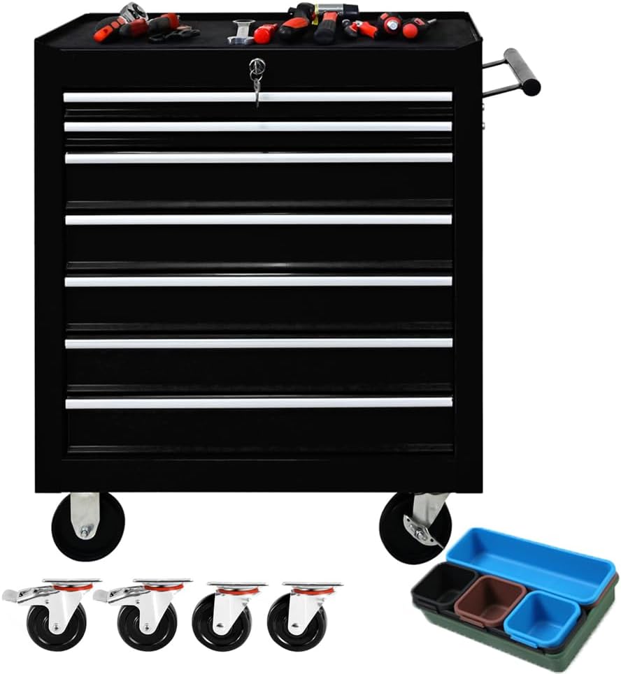 7 Drawer Tool Chest with Wheels,Metal Locking Rolling Tool Box with Tool Organizer Trays for Tool Storage Organizer,Portable Standing Mechanic Toolbox for Garage,30 in Tall Tool Cabinet Blue