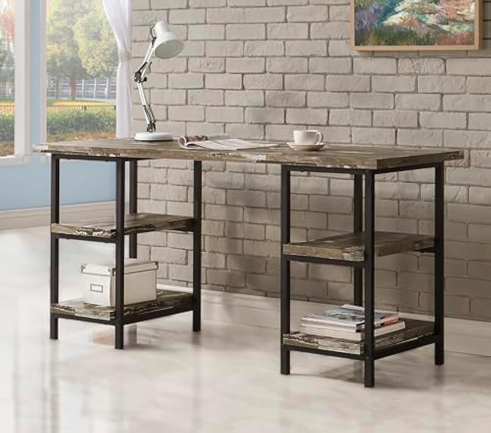 Coaster Home Furnishings – Kemper – Metal & Engineered Wood – 59-Inch Farmhouse Writing Desk with 4 Open Shelves and Black Metal Frame – Home Office & Living Room – Weathered Brown - 801551