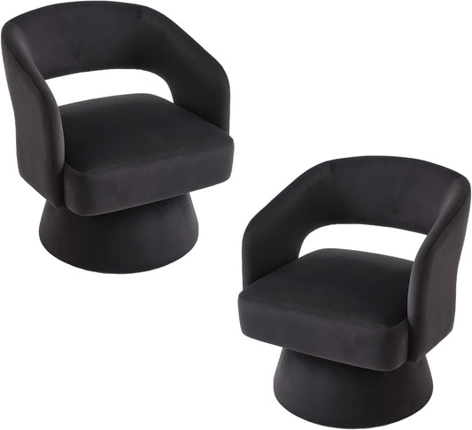 Swivel Accent Chair Set of 2, 360 Degree Rotating Barrel Accent Chair Velvet Upholstered Living Room Chair with Ergonomic Open Backrest Mid Century Modern Single Sofa for Bedroom (Black)