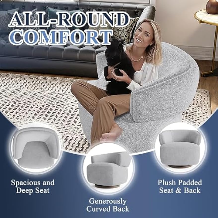Swivel Barrel Chair, Oversized Accent Chair for Living Room，Lounge Sofa Chair with 360-Degree Base, Upholstered Reading Chair, Modern Round Club Chair for Bedroom, Office, Grey