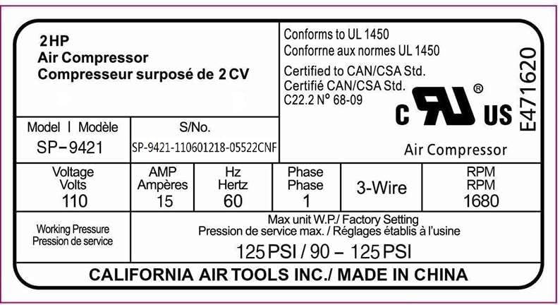California Air Tools SP-9421 2.0HP Ultra Quiet and Oil-Free Air Compressor Motor