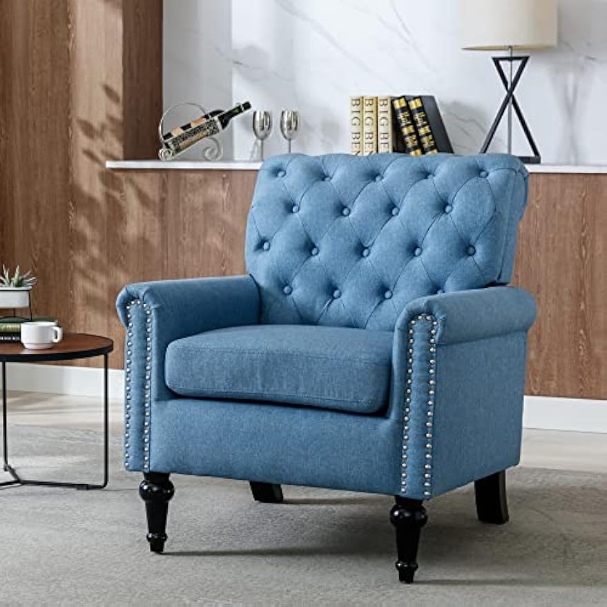 Upholstered Accent Chairs,Mid Century Armchair Sofa Chairs,Comfy Living Room Chair,Button Tufted Reading Chair for Living Room, Bedroom,Study (2, Blue)