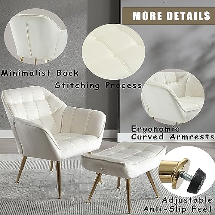 Velvet Accent Reading Chair with Ottoman, Modern Upholstered Chair with Ottoman Armchair with Gold Metal Legs Comfy Lounge Chair for Small Spaces Living Room Bedroom Book Nook, Off White