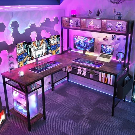 Aheaplus L Shaped Gaming Desk with LED Lights & Power Outlets, 55 Inch L-Shaped Computer Desk with Storage Shelf & Monitor Stand, Corner Desks 2 Person Reversible Desk Home Office Desk, Rustic Brown